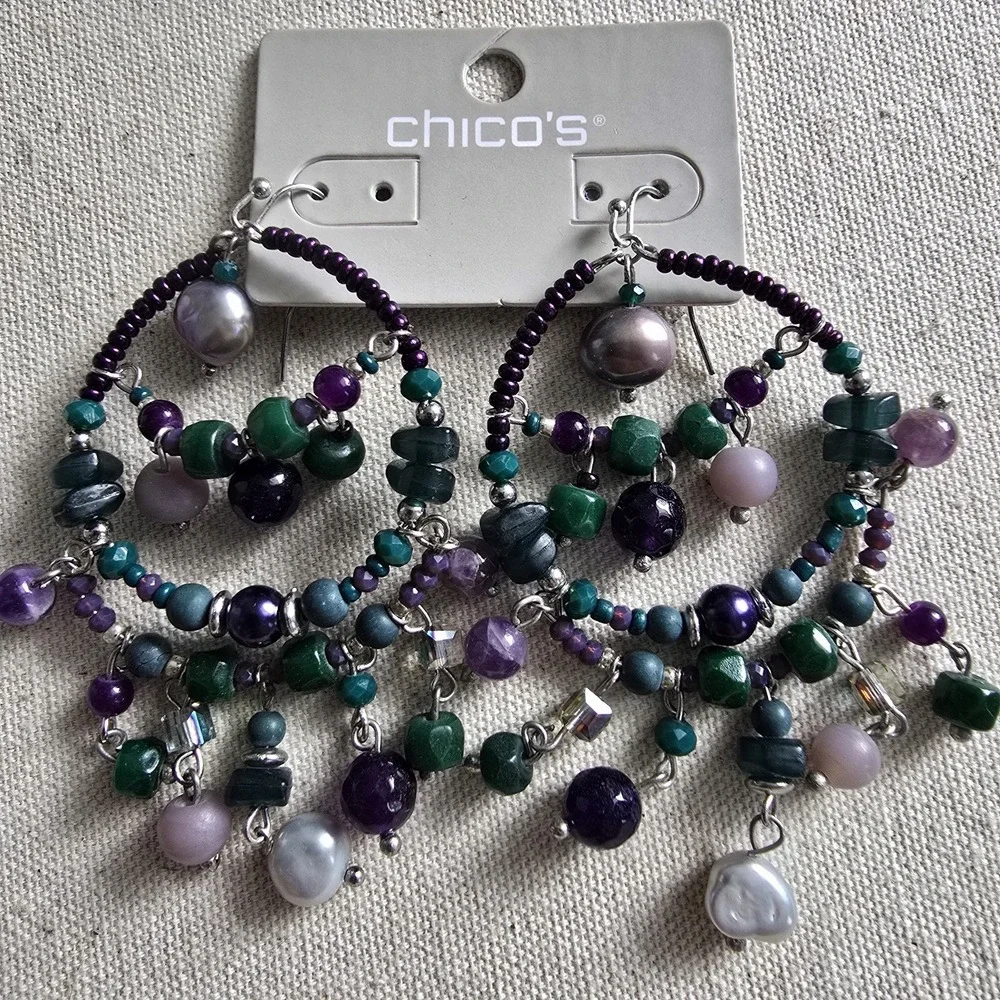 NWT Chico's Declan Green Purple Beaded‎ Chandelier Hoop Earrings Boho Statement